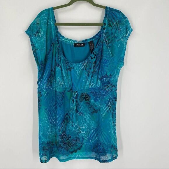 Liz Claiborne Women’s Scoop Neck Short Cap Sleeve Paisley Print Blue Blouse XL - Picture 1 of 3